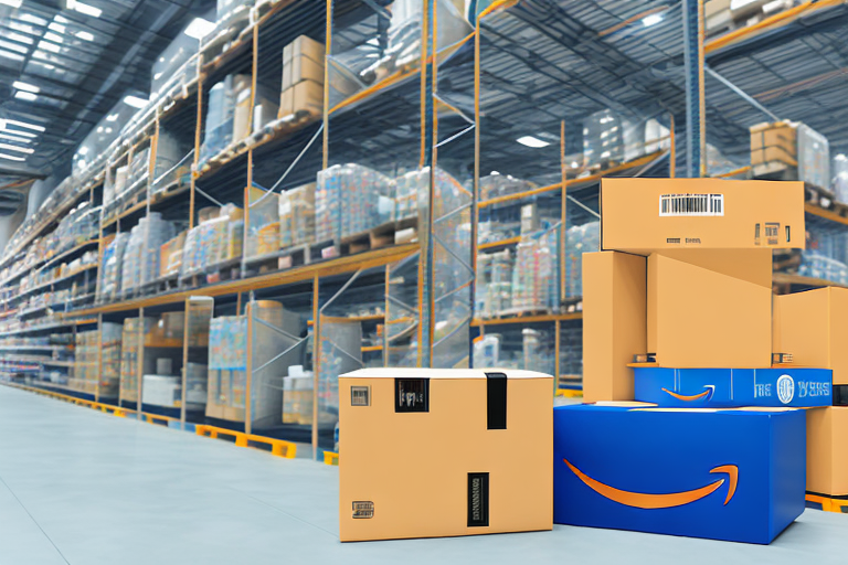 A warehouse filled with a variety of products and amazon-branded boxes