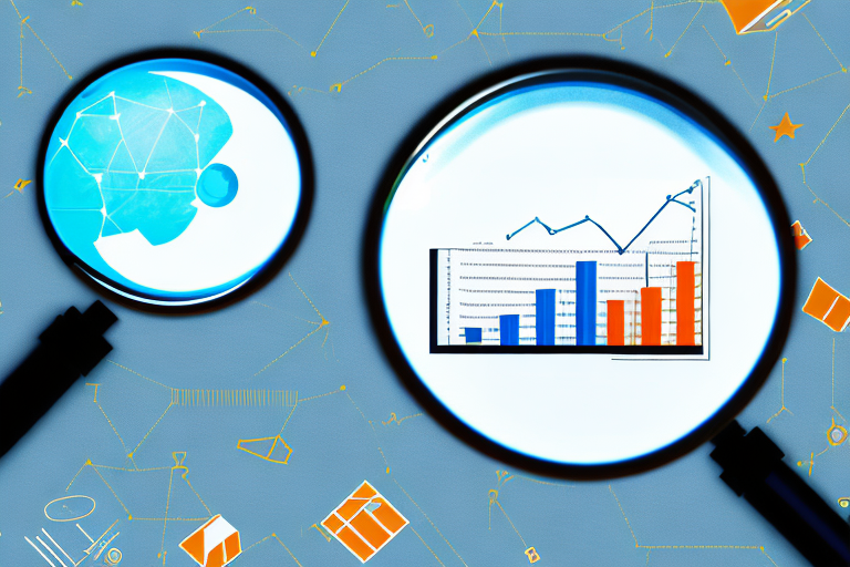 A magnifying glass focusing on a computer screen with a bar chart representing ppc metrics