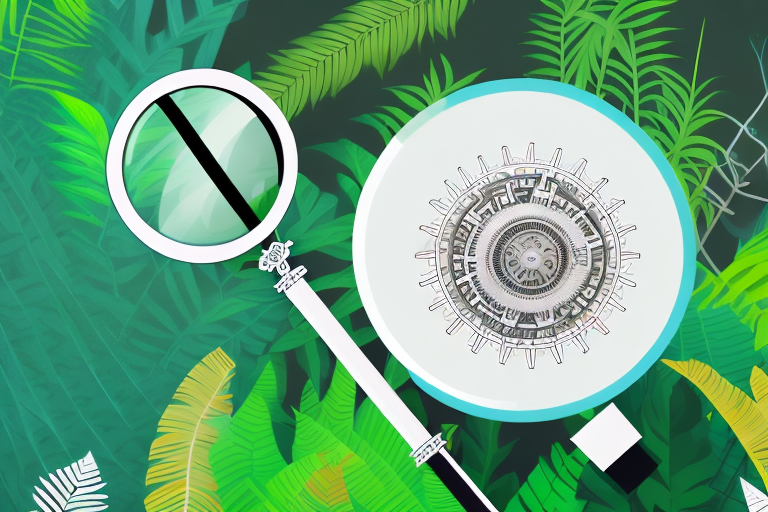 A magnifying glass hovering over a stylized representation of an amazon jungle