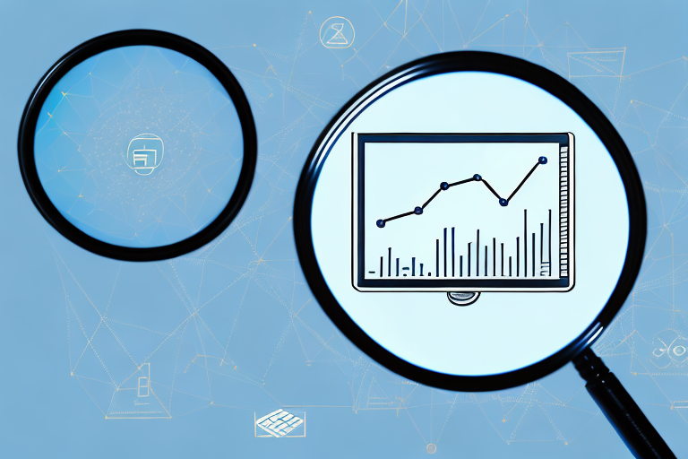 A magnifying glass focusing on a computer screen showing a graph with upward trending statistics