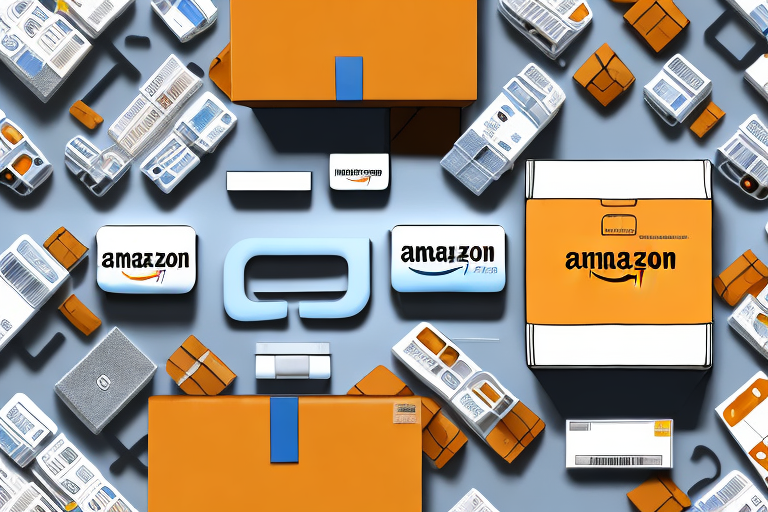 A variety of different products arranged on a conveyor belt leading into an open amazon box