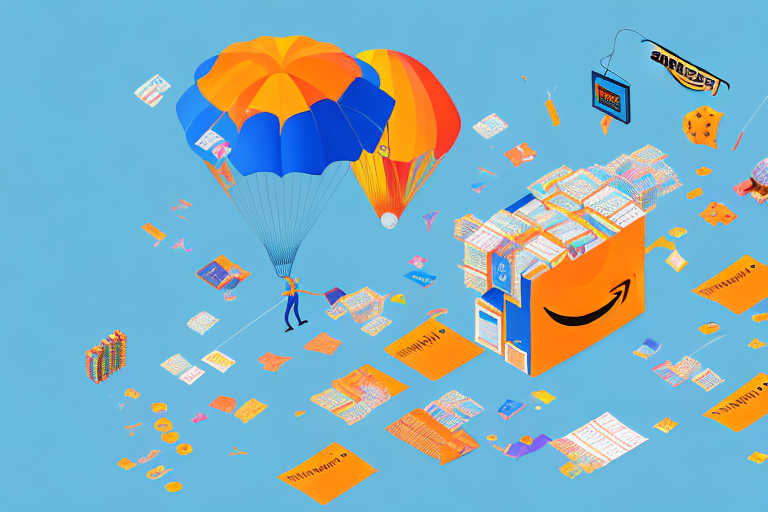 A vibrant amazon marketplace with various products being lifted by small