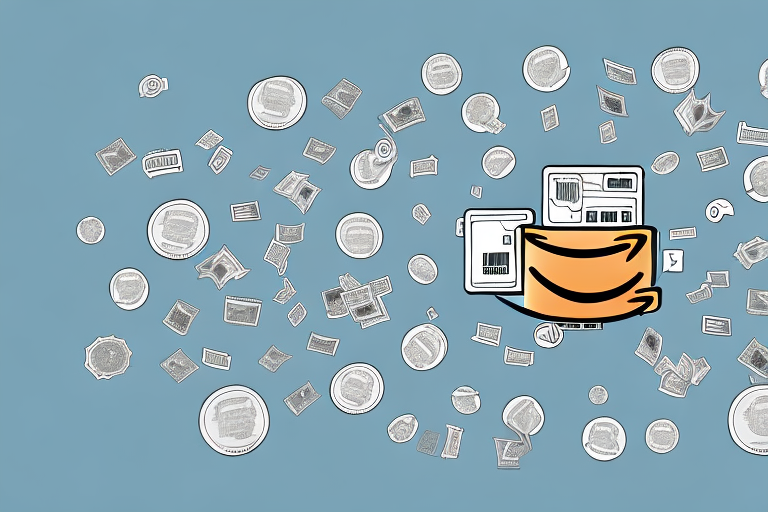 An amazon package surrounded by digital icons representing clicks and money