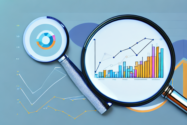 A magnifying glass hovering over a computer screen displaying a bar graph and pie chart