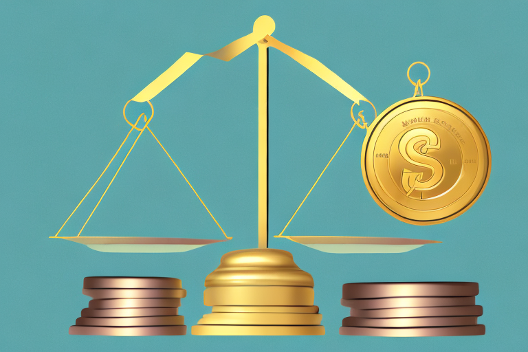 A balance scale with a box representing products on one side and gold coins representing profits on the other