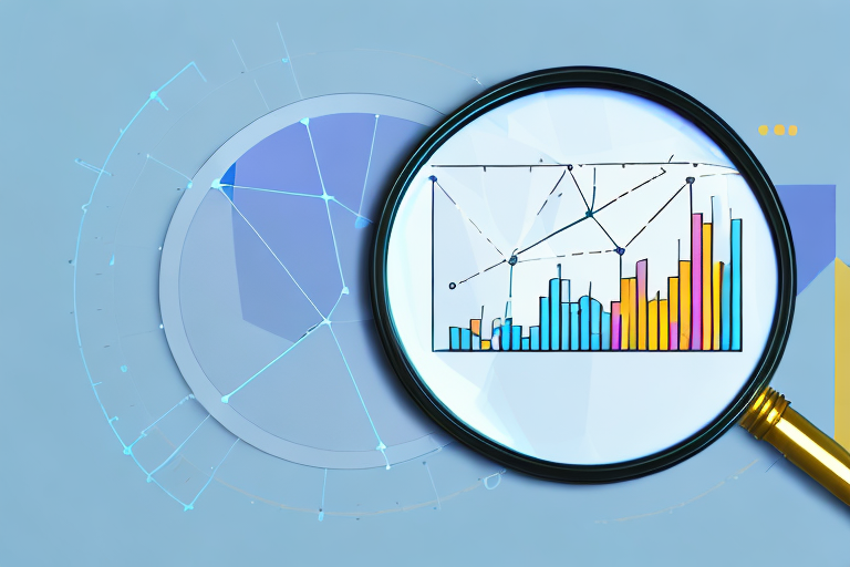 A magnifying glass hovering over a computer screen displaying a bar graph and pie chart