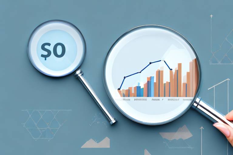 A magnifying glass focusing on a bar chart showing increased sales and roi