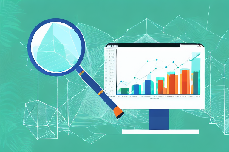 A magnifying glass highlighting a computer screen displaying a bar chart and pie chart