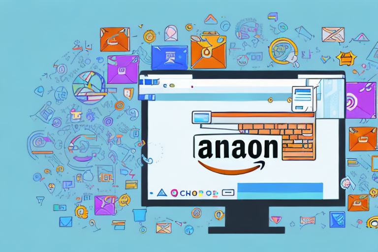 A computer screen displaying a variety of colorful and engaging amazon display ads surrounded by digital marketing tools and symbols
