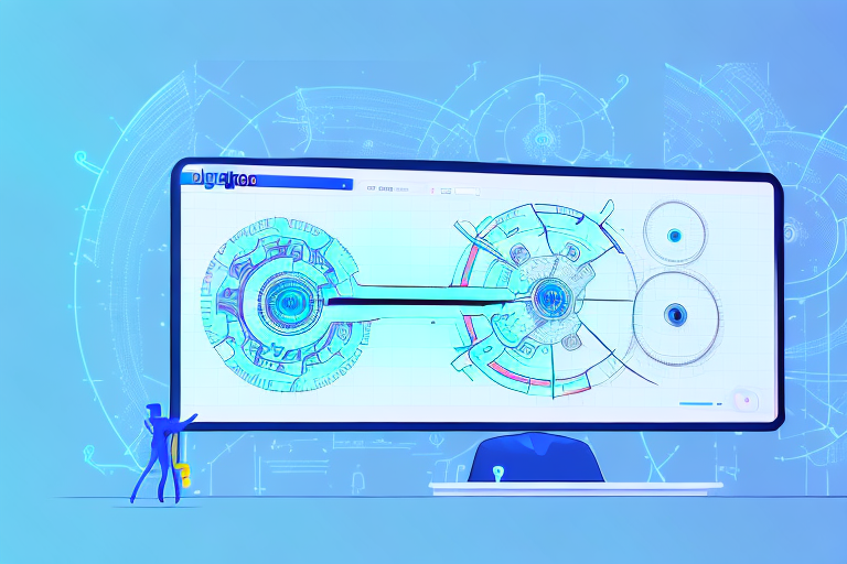 A futuristic ai robot adjusting digital gears and levers on a large screen displaying graphs and charts symbolizing amazon ppc advertising strategies