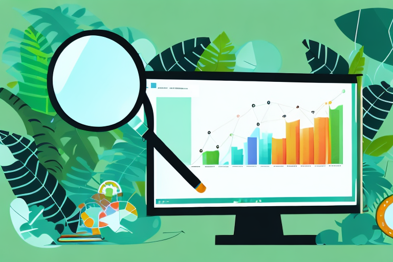 A magnifying glass hovering over a computer screen displaying a bar graph and pie chart illustrating keyword analysis