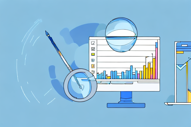 A magnifying glass hovering over a computer screen displaying a bar graph and pie chart