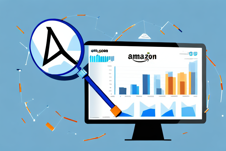 A magnifying glass hovering over a computer screen displaying a bar chart indicating amazon advertising performance