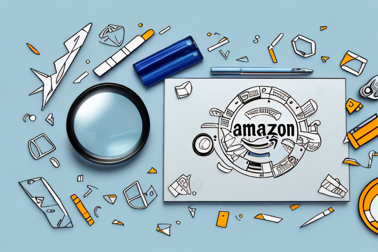 A stylized amazon marketplace with various products and a magnifying glass hovering over it