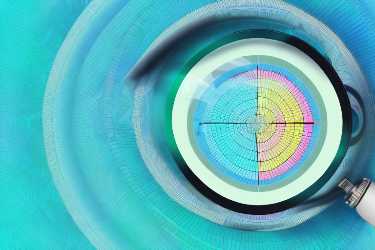 A magnifying glass focusing on a complex 3d pie chart representing acos (advertising cost of sales) metrics in various vibrant colors