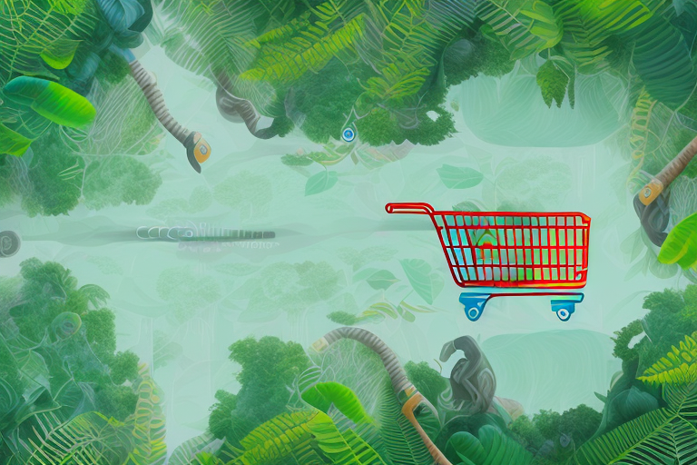 A stylized amazon rainforest with various ecommerce elements like shopping carts and barcodes integrated into the trees and rivers