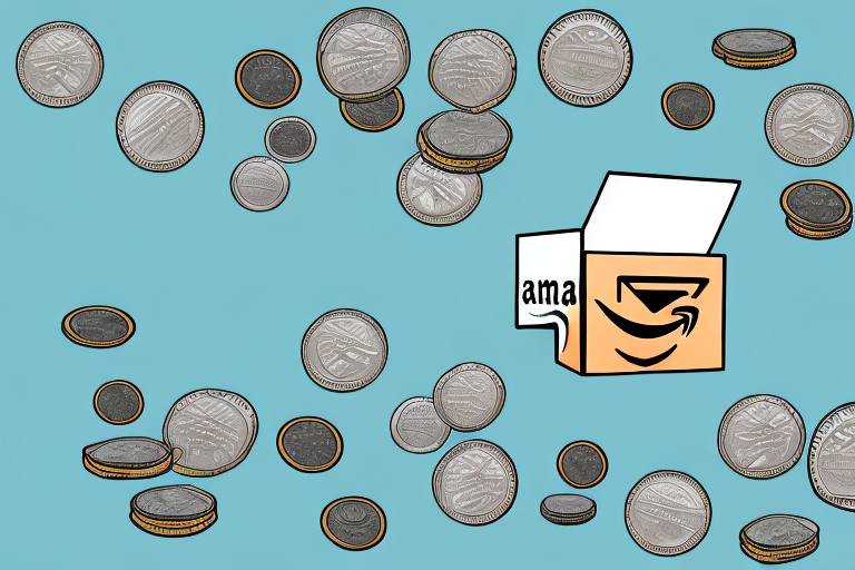 A downward trending graph with amazon boxes on one end and a smaller pile of coins on the other