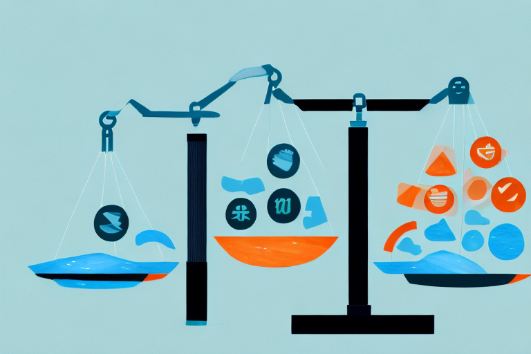 An amazon-themed balance scale with acos percentage on one side and profit margin on the other