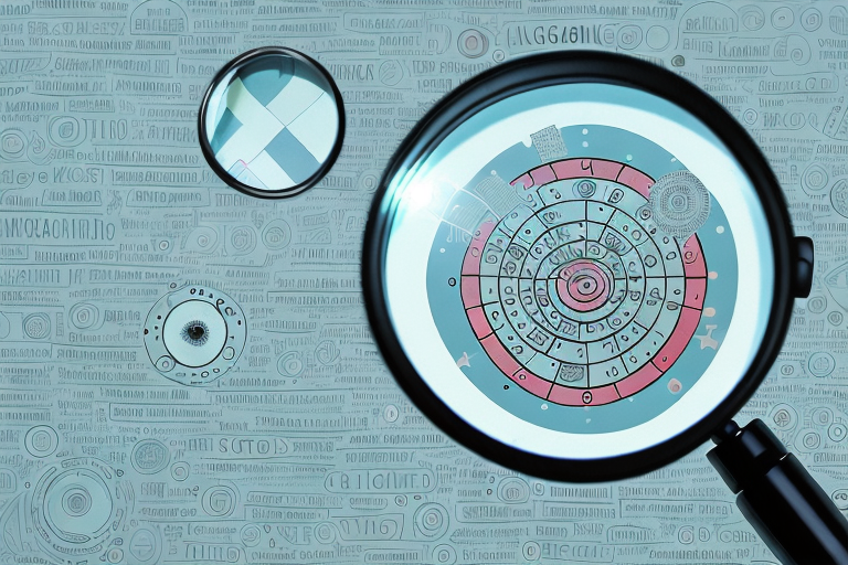 A magnifying glass focusing on a target surrounded by various symbols representing different types of products (like a book