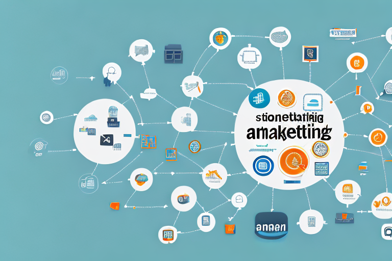 A digital marketing strategy map with various advertising tools and icons