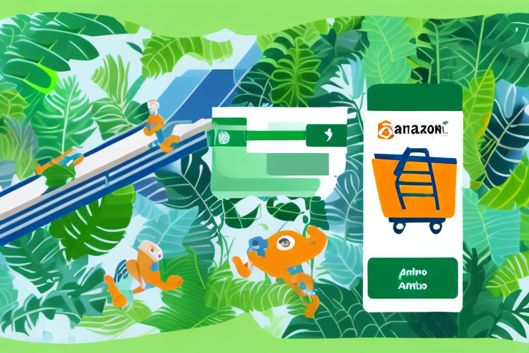 A conveyor belt with various ecommerce elements like shopping carts