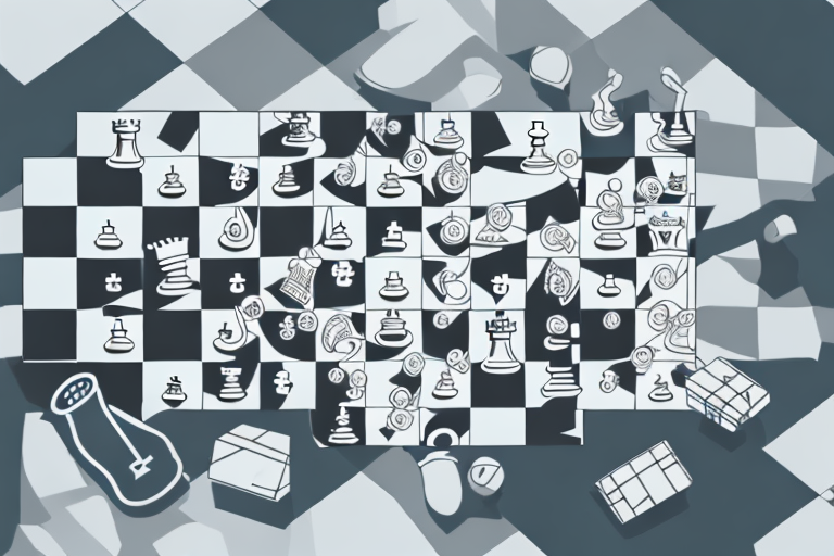 A chessboard with various ecommerce elements such as a shopping cart