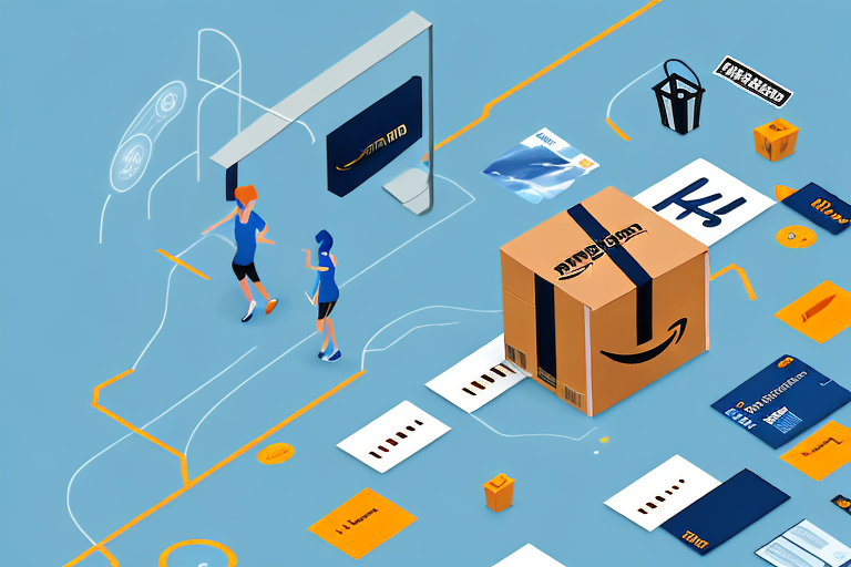 An amazon box on a runner's track with a ppc (pay-per-click) symbol as the finish line