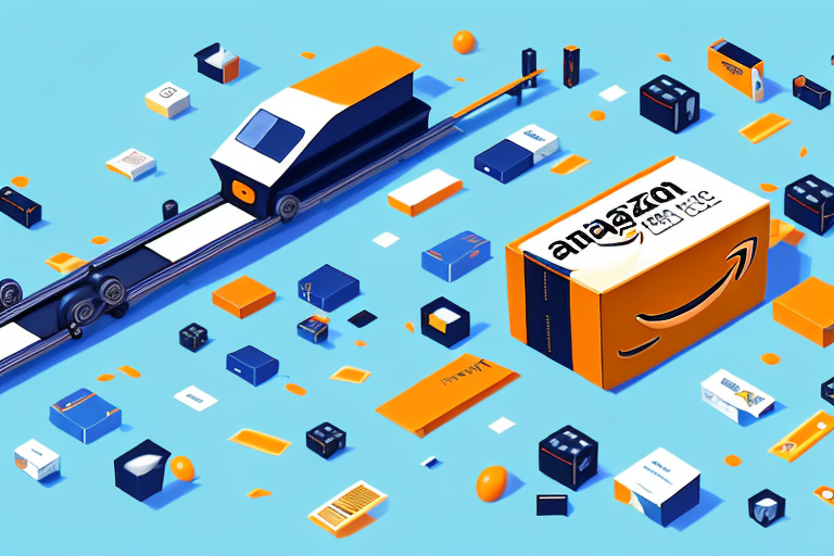 A conveyor belt with various products moving towards a stylized amazon box