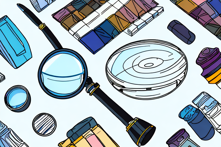 A magnifying glass hovering over a collection of diverse products
