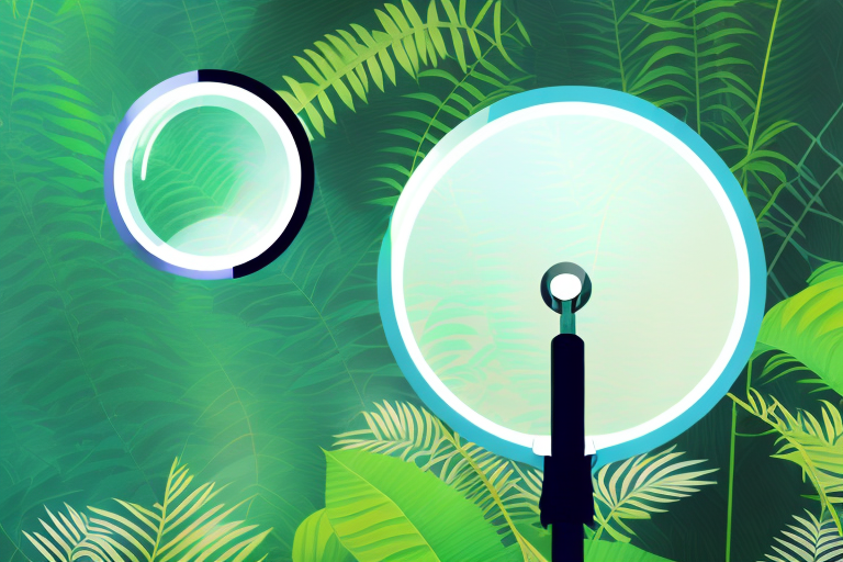 A magnifying glass hovering over a stylized amazon rainforest