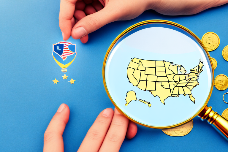 A symbolic representation of the usa map with a magnifying glass highlighting a shiny gold trophy