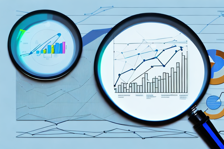 A magnifying glass hovering over a computer screen displaying graphs and charts related to amazon ppc (pay-per-click) analytics