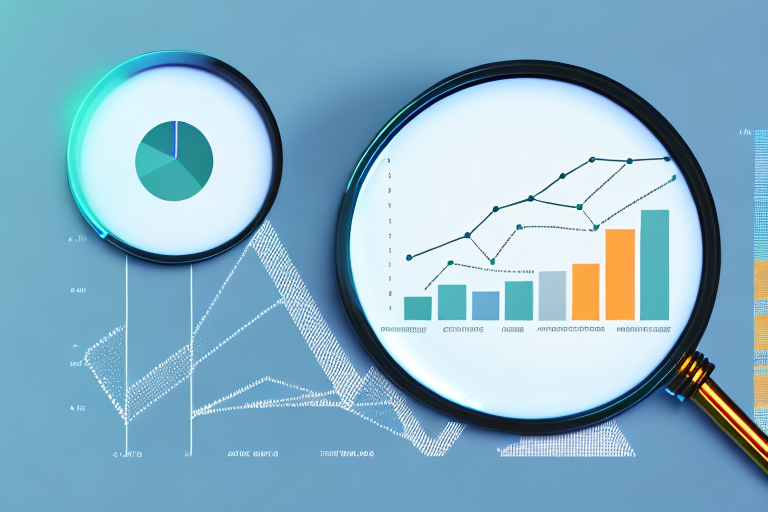 A magnifying glass hovering over a computer screen displaying a bar graph and pie chart