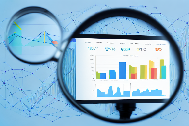 A magnifying glass focusing on a complex digital dashboard displaying various graphs and charts