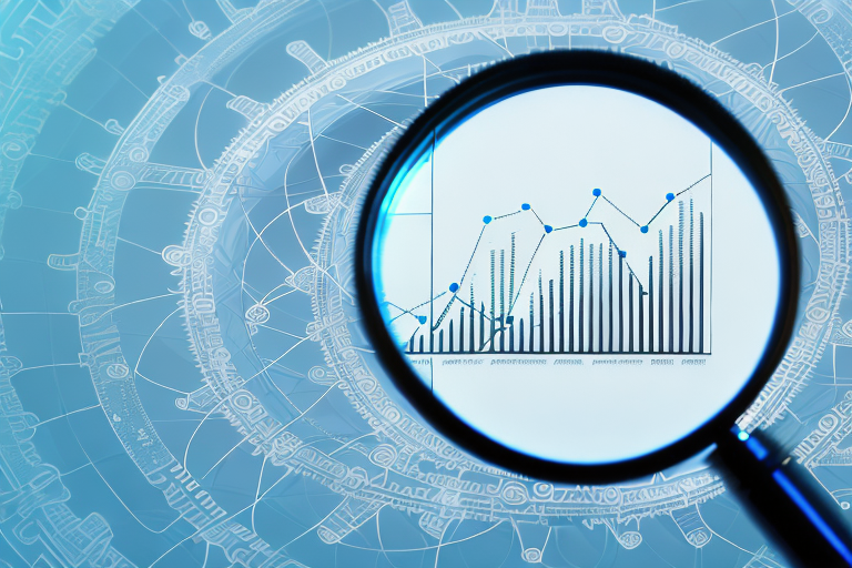 A magnifying glass focusing on a stylized computer screen displaying a graph chart