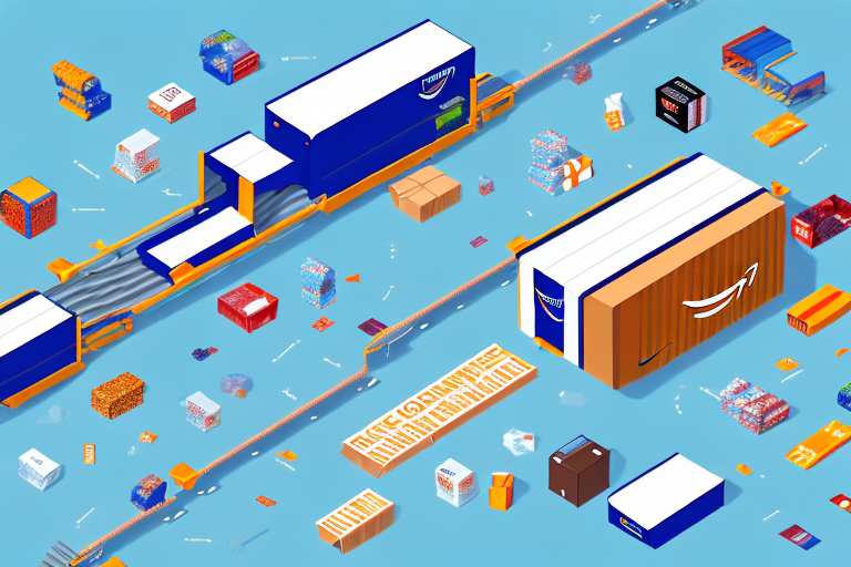 A conveyor belt with various types of packaged goods moving towards a stylized depiction of an amazon warehouse