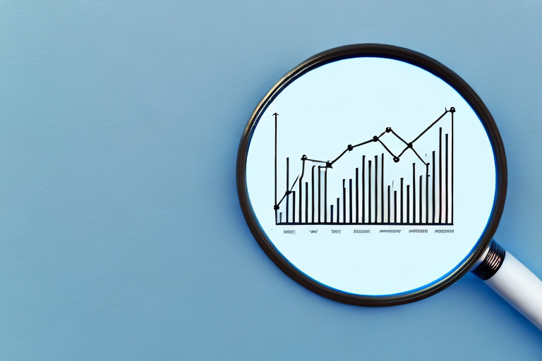 A magnifying glass focusing on a computer screen displaying a bar graph and line chart