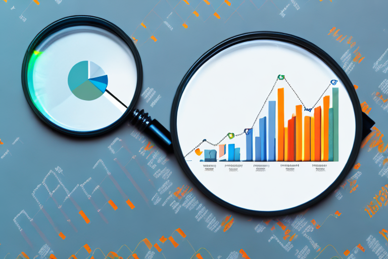 A magnifying glass highlighting a bar graph and pie chart representing a successful amazon ppc campaign