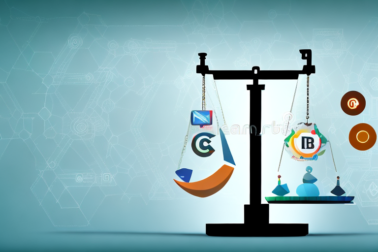 Several digital tools (represented as icons or symbols) on a balance scale