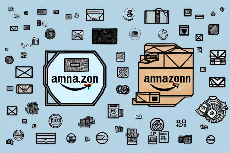 A symbolic representation of an amazon package surrounded by pay-per-click icons or symbols