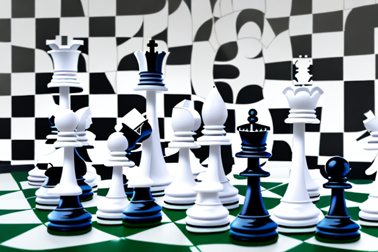 A strategic chessboard with symbolic elements like arrows