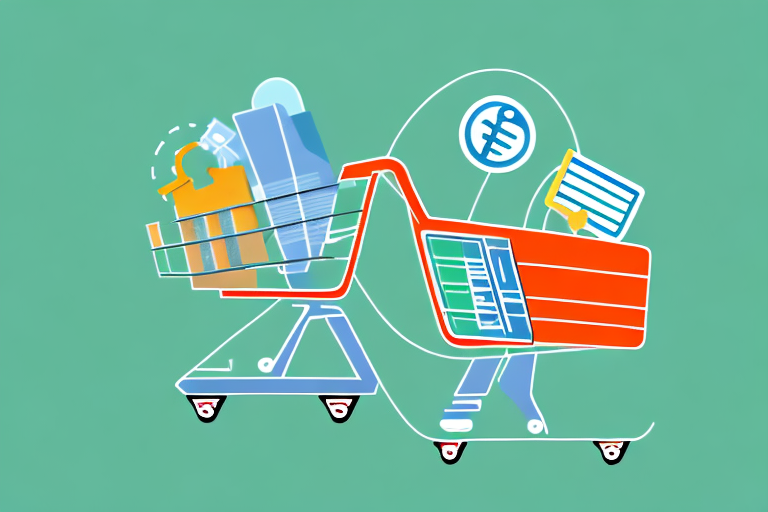 A shopping cart filled with various products navigating through a jungle of upward-pointing arrows