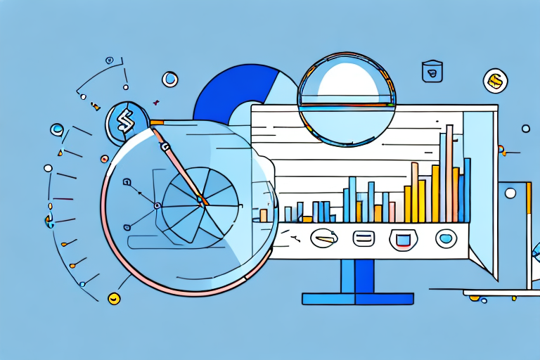 A magnifying glass hovering over a computer screen displaying a bar graph and pie chart