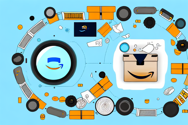 A conveyor belt with various amazon product boxes moving along it