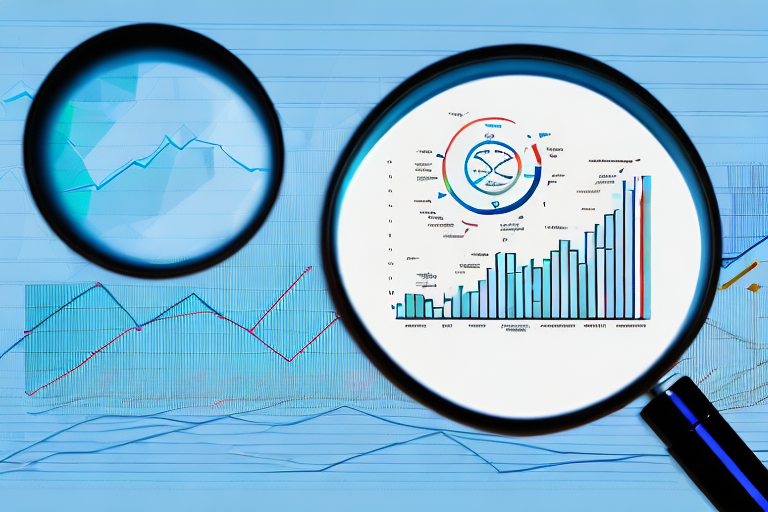 A magnifying glass focusing on a computer screen showing graphs and charts representing increased sales