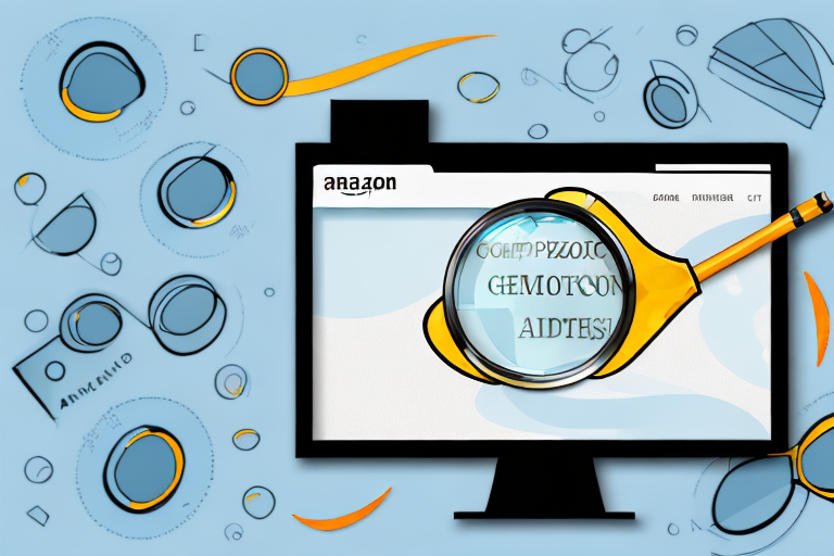 A computer screen displaying an amazon product page with a magnifying glass focusing on a highlighted ad