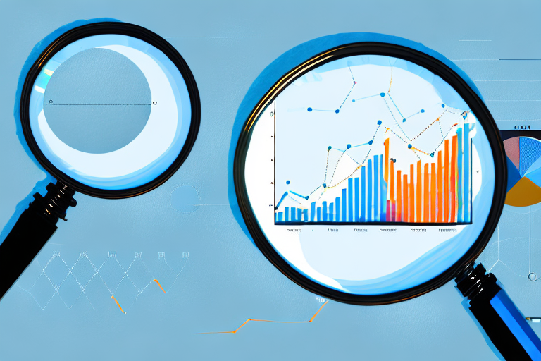 A magnifying glass focusing on a computer screen displaying a bar graph and pie chart representing ppc optimization on amazon