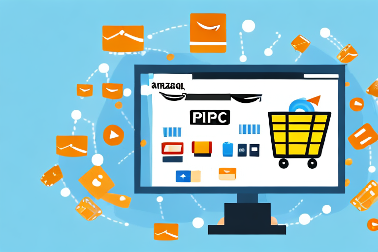 A computer screen displaying an amazon product page with a shopping cart icon