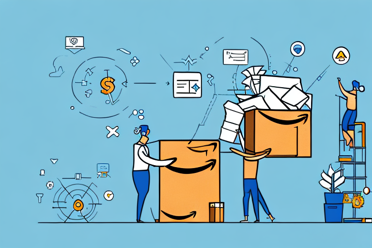 An amazon package being lifted by multiple upward-pointing arrows