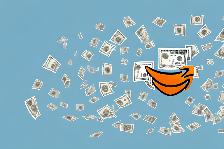 An amazon package surrounded by digital icons symbolizing clicks and money